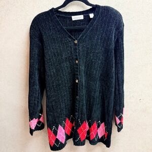 Lord & Taylor‎ VTG L  Black Chenille Geometric Argyle Pink Red Cardigan Sweater